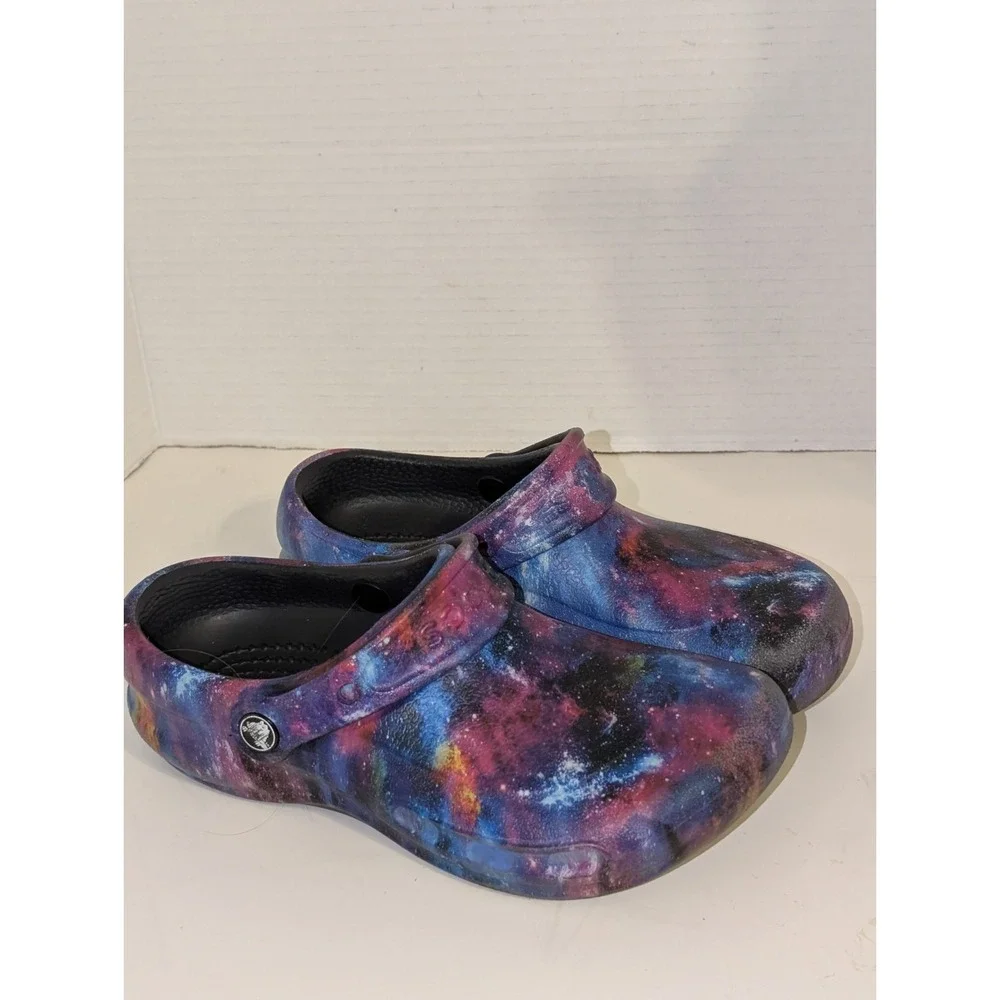 Crocs Bistro Graphic Work Clog Mens 12 Slip Resistant Shoes Black Galaxy Slip On